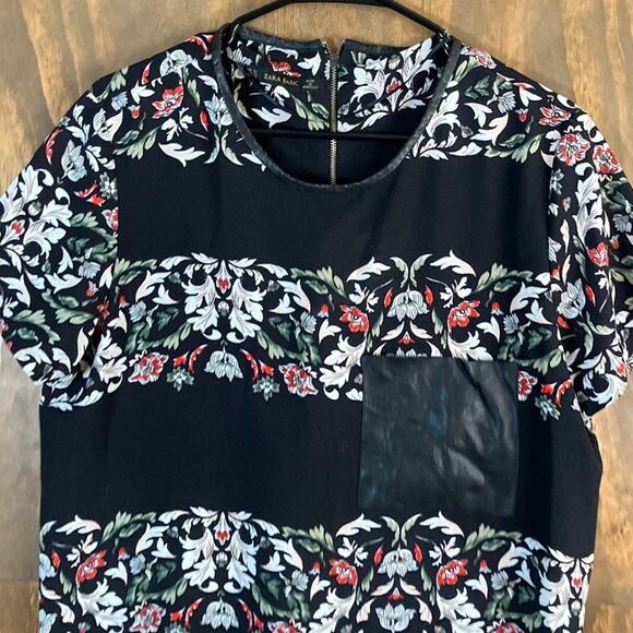 Zara Basic Womens Shirt Black Multi Floral Short Sleeve Zipper Back XLarge - Picture 2 of 11